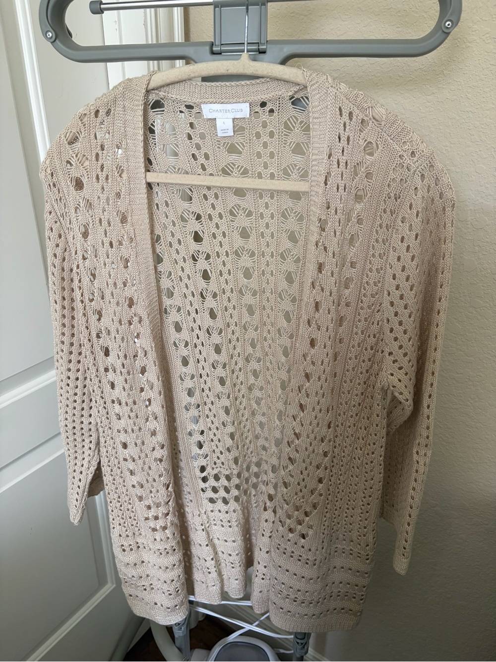 Charter Club Open-Front Cream Crochet Knit Cardigan